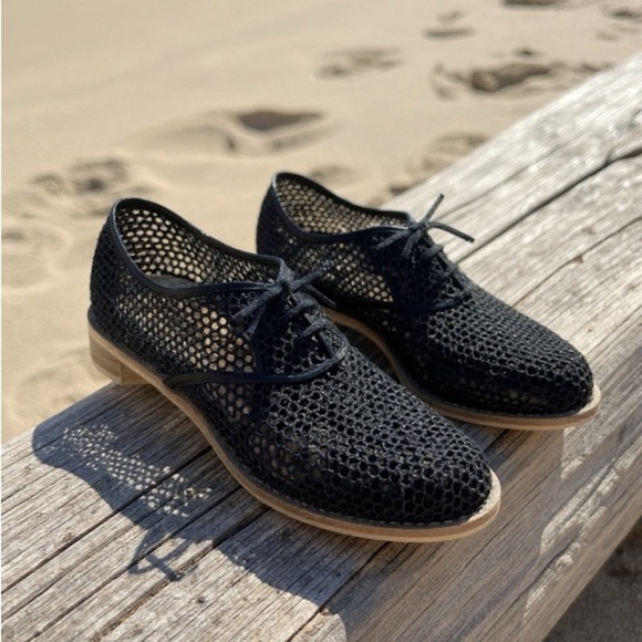 All Black Mesh Black Oxfords Leather Anthropologie Flats UK 41 or 10.5 - Picture 1 of 12